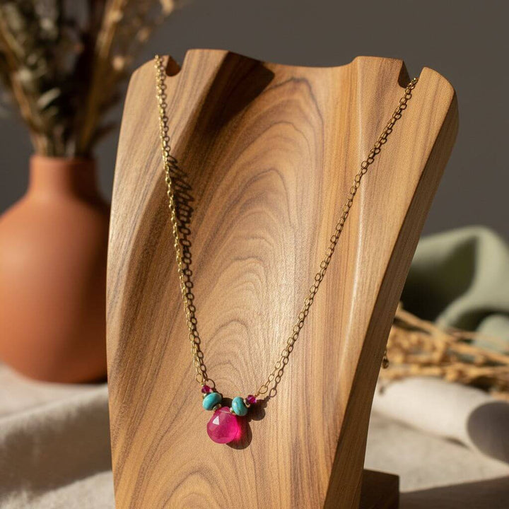 Gold Filled Turquoise and Pink Gemstone Drop Necklace