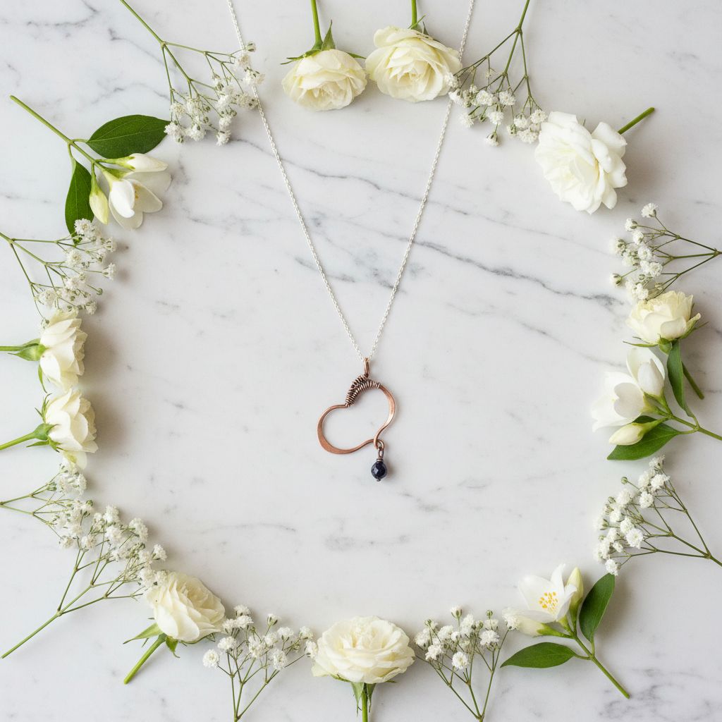 Hammered Copper Butterfly Wing Child Abuse Survivor Necklace with black Swarovski crystal pendant, surrounded by white flowers.