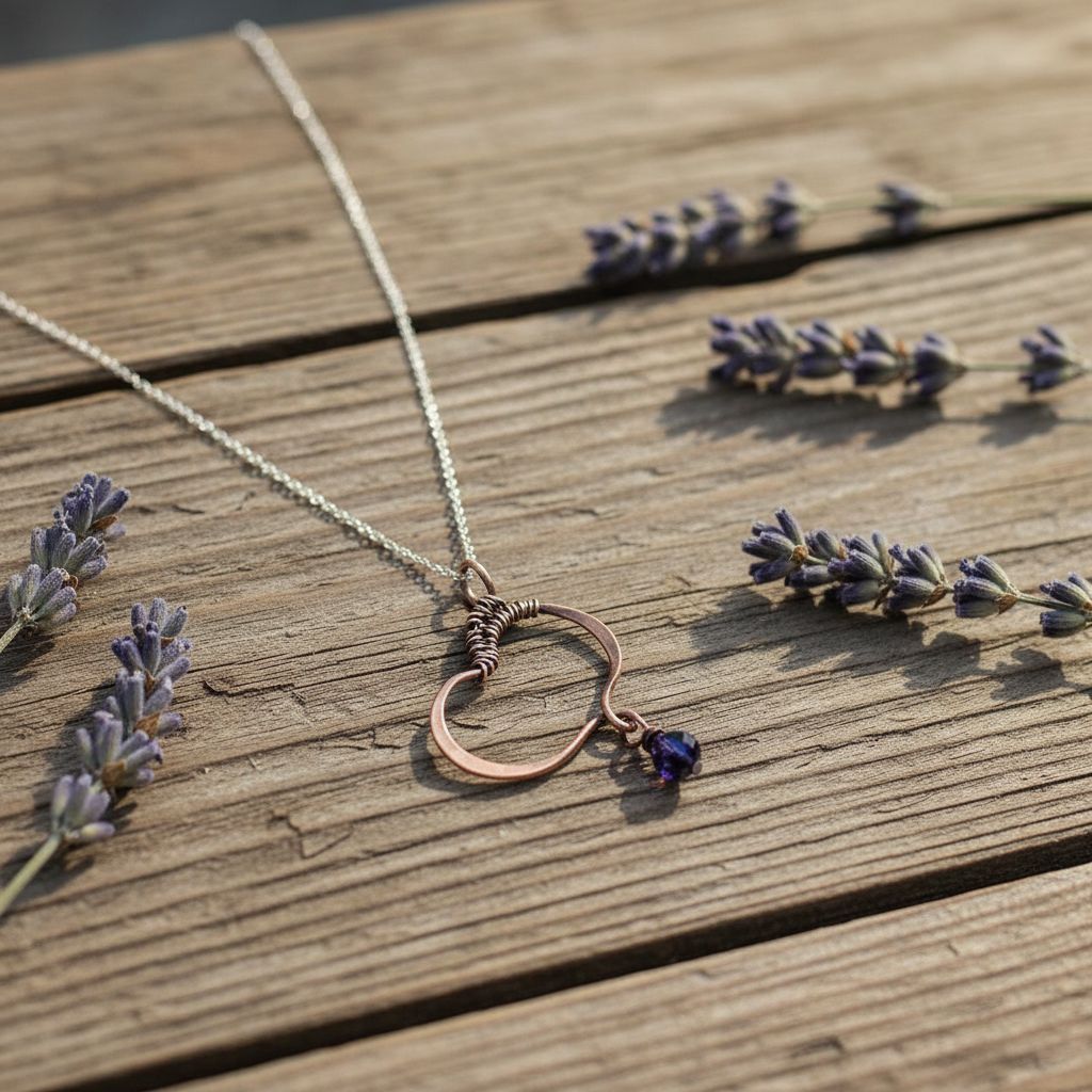 Hammered Copper Butterfly Wing Child Abuse Survivor Necklace with black Swarovski crystal teardrop on wooden background.