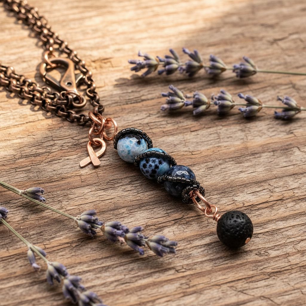 Child Abuse Awareness Agate Necklace With Lava Rock Bead featuring blue agate beads and copper spiral pendant.