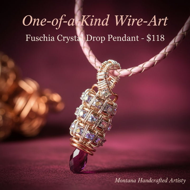 Copper Silver Tubular Wire Coiled  Fuchsia Crystal  Drop Pendant Necklace