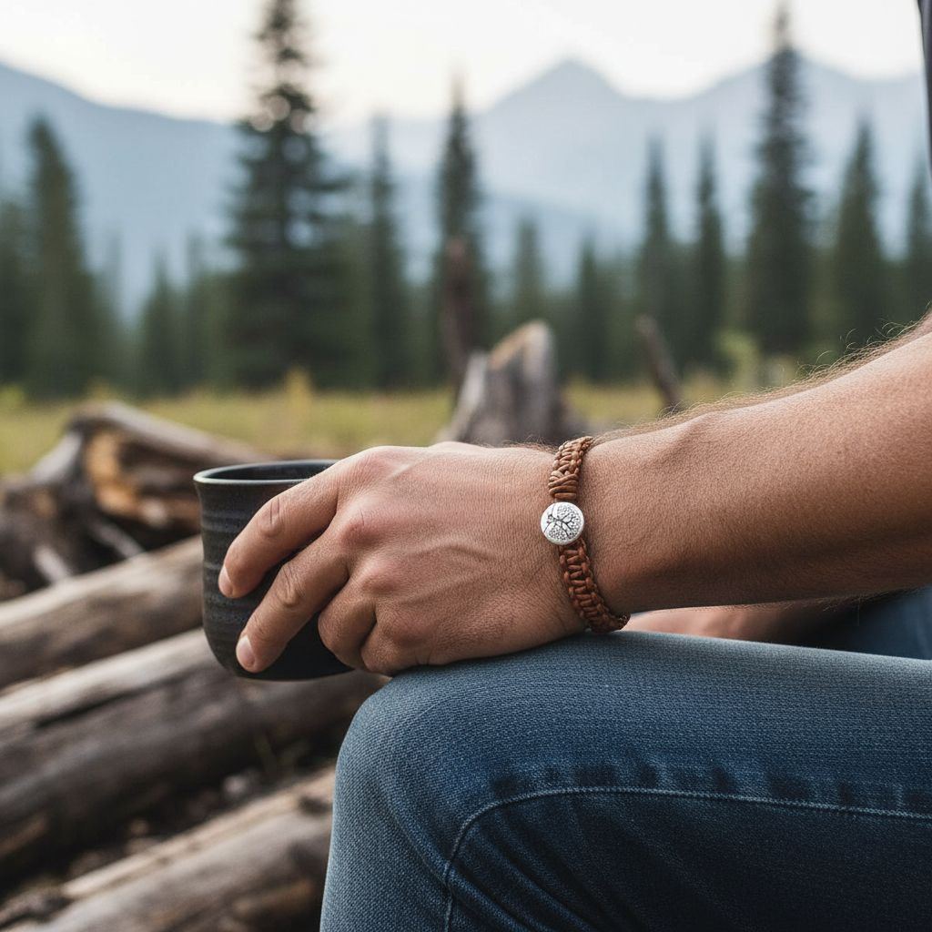 Large Mens Tree of Life Earth Colored Macrame Leather Bracelet