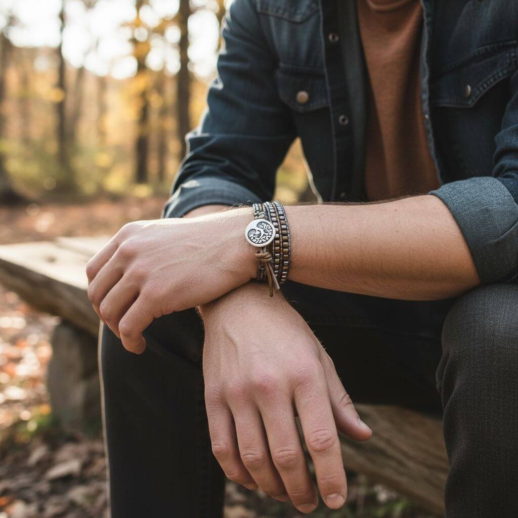 Men's Leather Wrap Bracelet Tree of Life Intricately Beaded