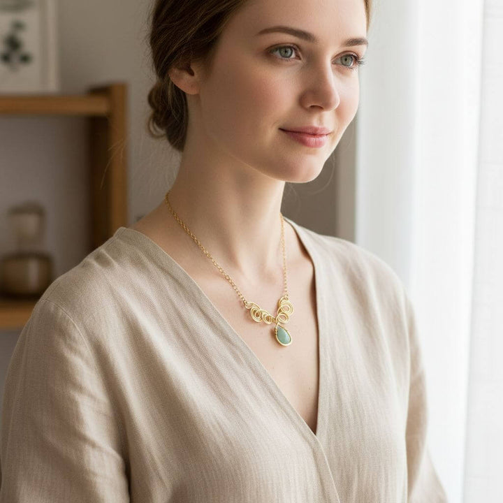 Gold Filled Wire Sculpted Mint Gemstone Drop Necklace