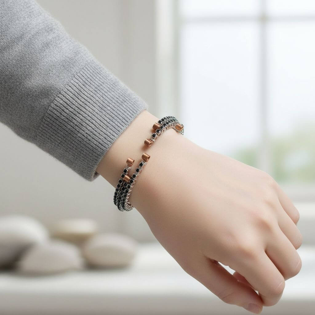 Wire Wrapped Copper Silver Black Crystal Rhinestone Bangle