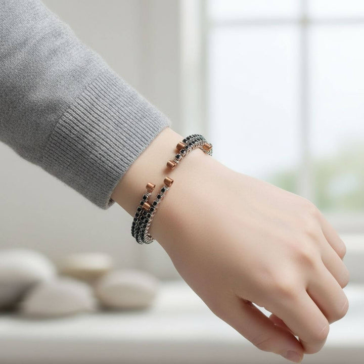 Wire Wrapped Copper Silver Black Crystal Rhinestone Bangle