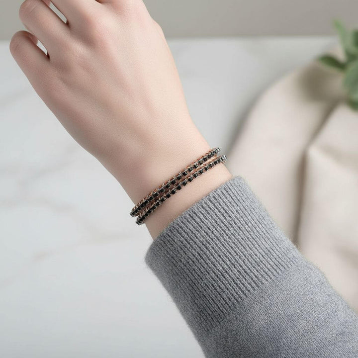 Wire Wrapped Copper Silver Black Crystal Rhinestone Bangle