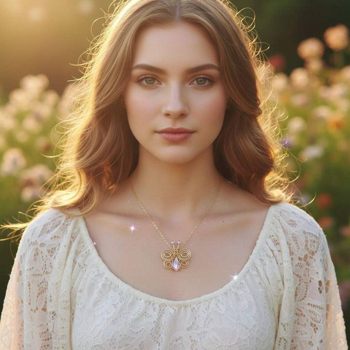 Handmade Wire Sculpted Crystal Butterfly Necklace