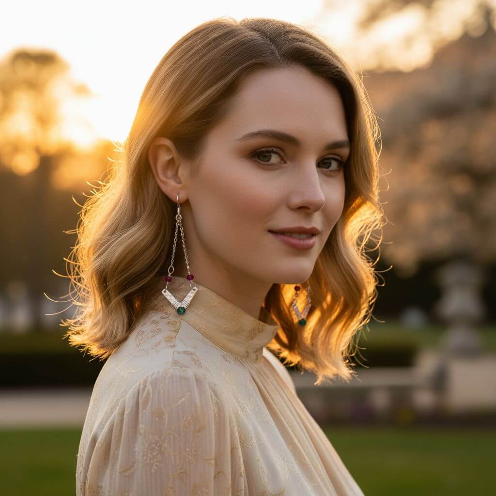 Sterling Silver Chevron Hot Pink Green Gemstone Earrings