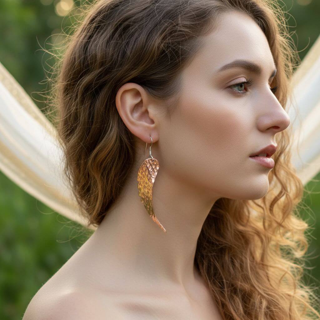 Copper Hammer Pattern Sculpted Angel Wings Earrings