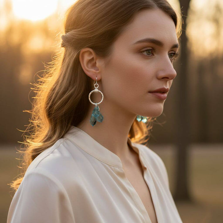 Sterling Silver Hammered Aqua Crystal Cascading Drop Earrings