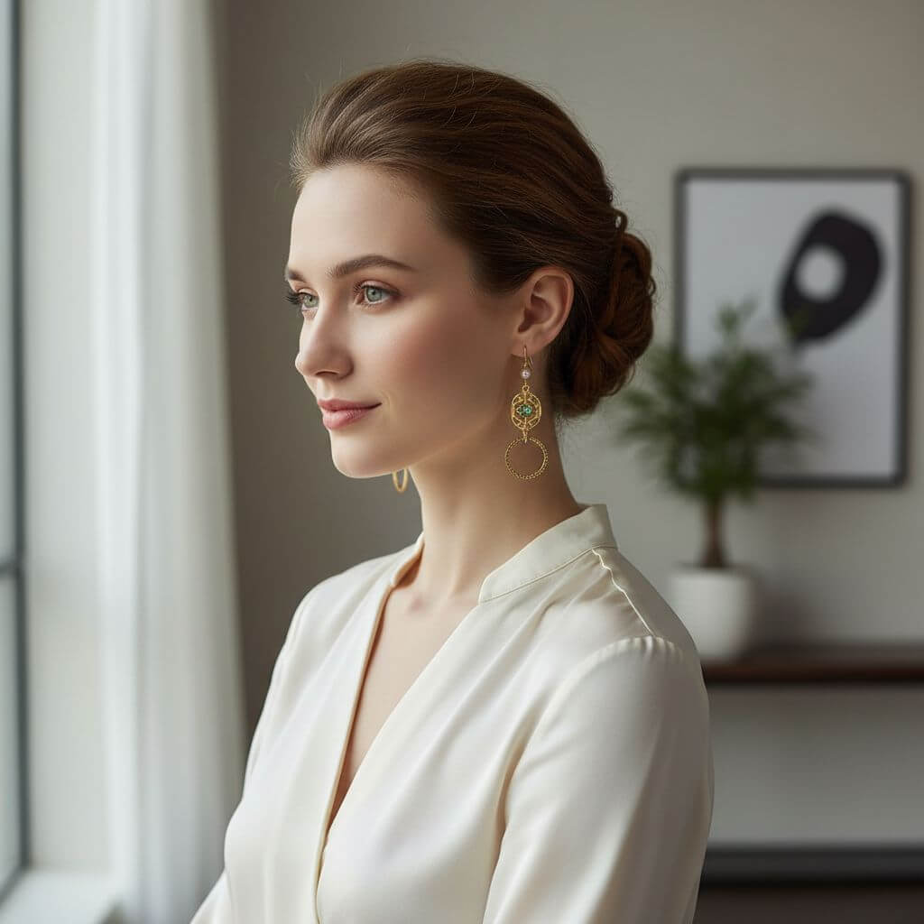 14 KT Gold Filled Green Crystal Hammered Circle Filigree Earrings