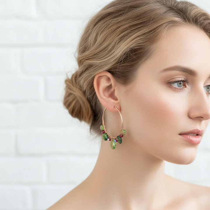 14 K Rose Gold Filled Red Green Holly Berry Crystal Hoops