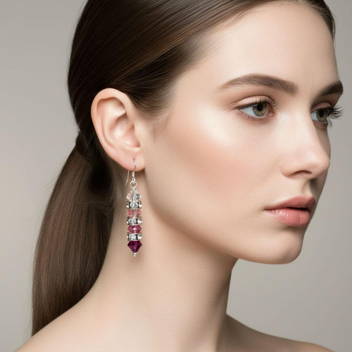 Hot Pink Ombre Stacked Crystal Sterling Silver Earrings