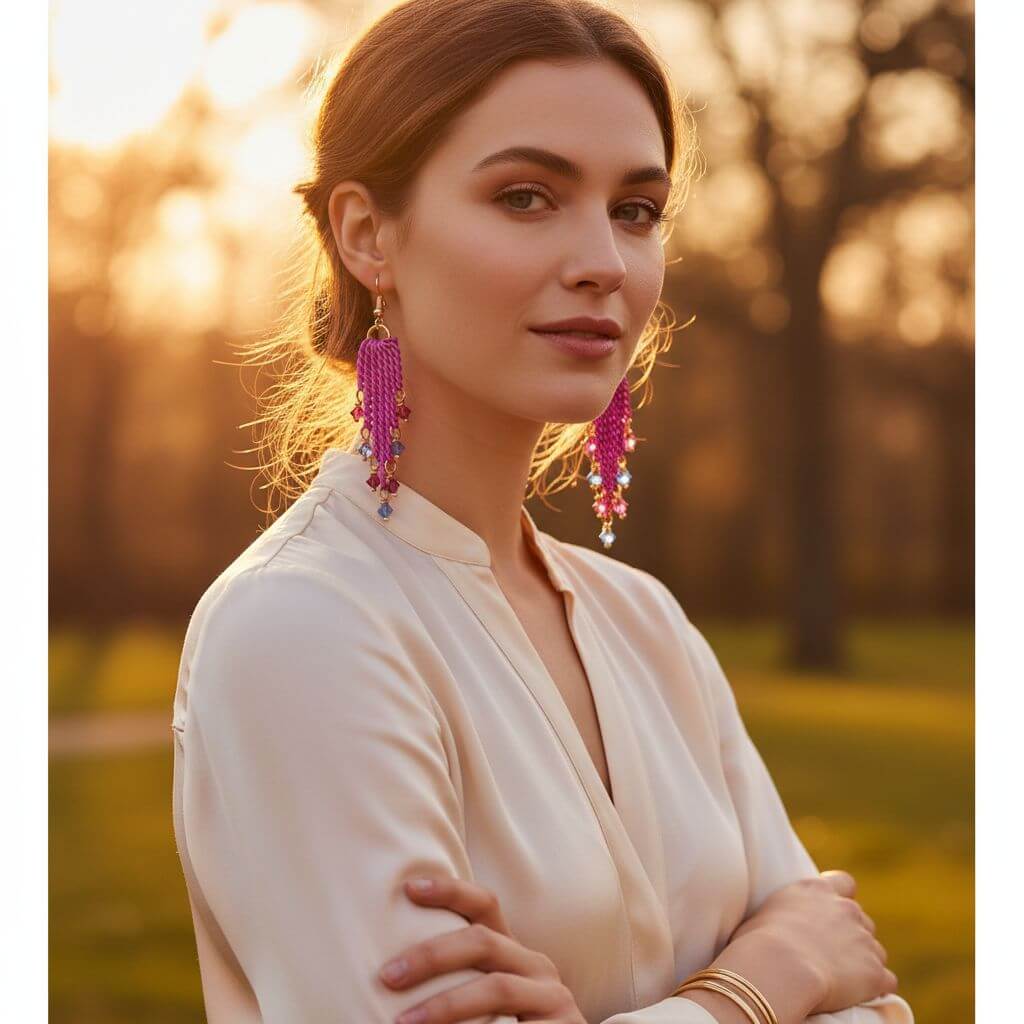 Hot Pink Tassel Chain Crystal Earrings