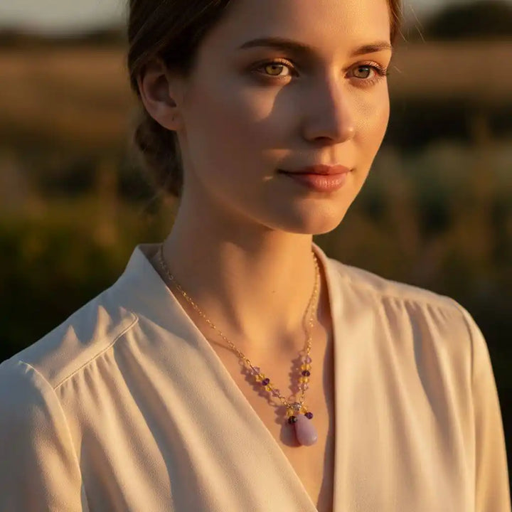 Model wearing a Lavender Candy Jade Drop Gold Wire Wrapped Necklace, featuring lavender-pink candy jade and Swarovski crystals.