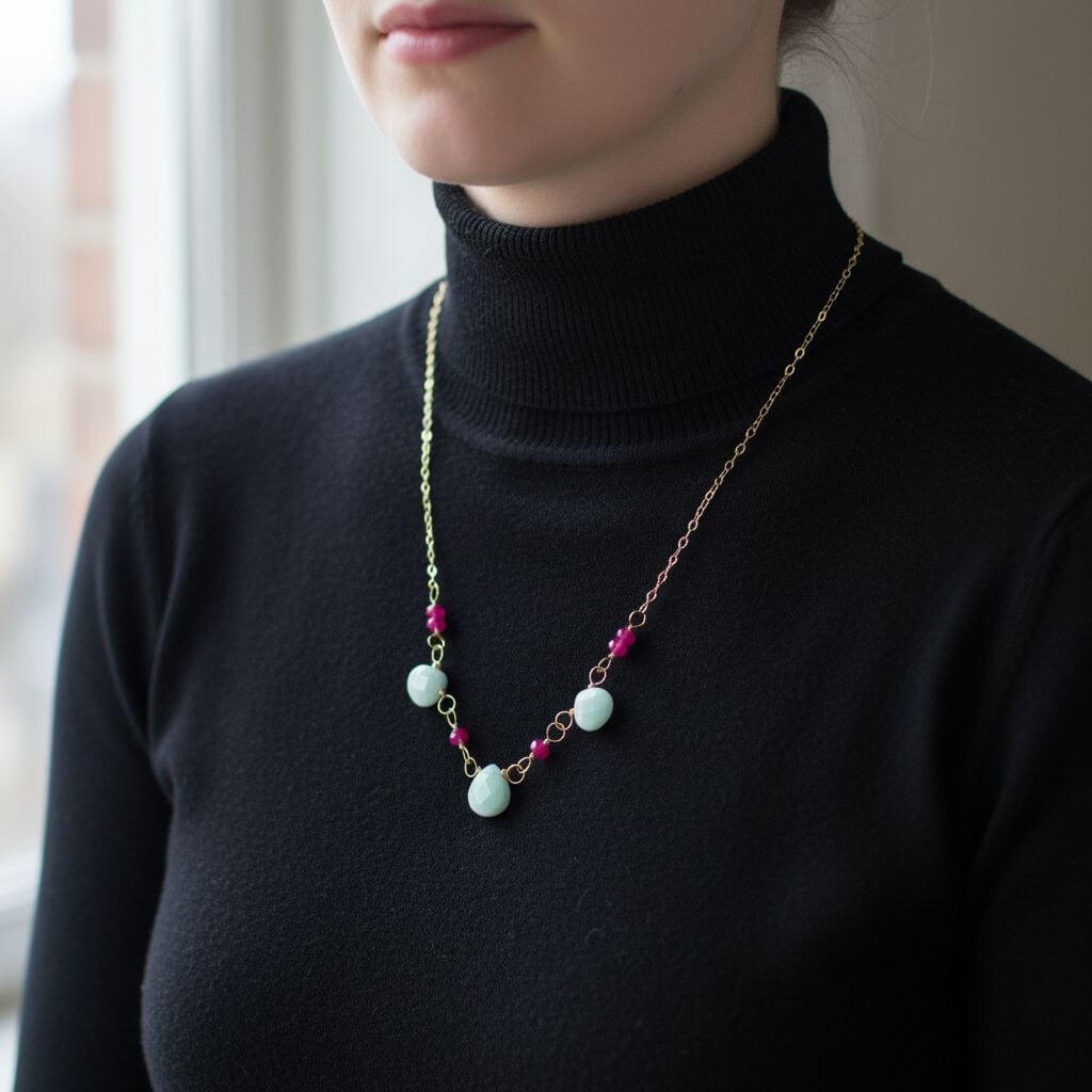 Dainty Gold Chain Mint and Hot Pink Gemstone Necklace