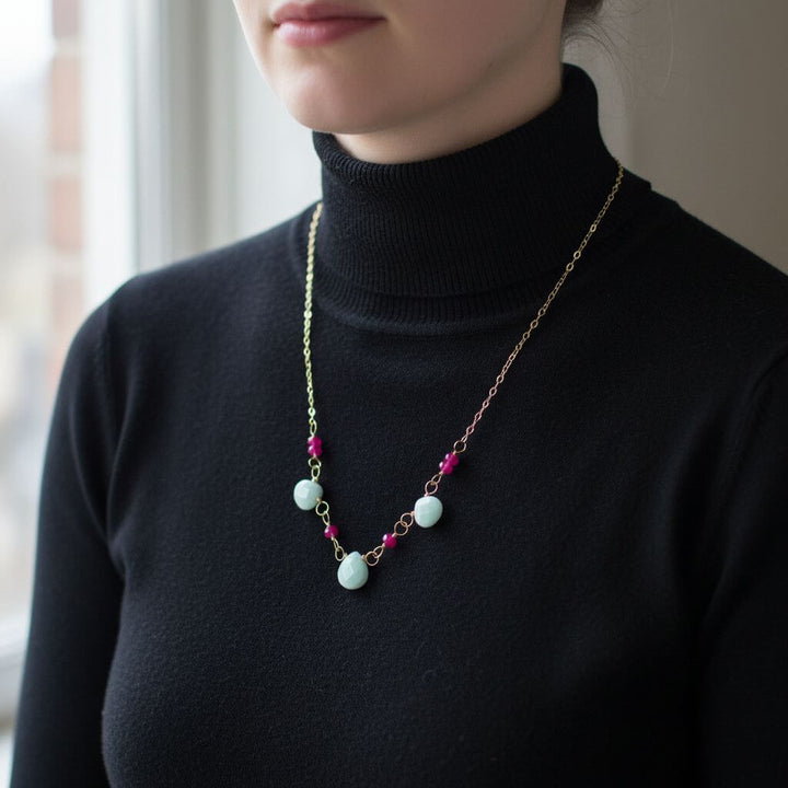 Dainty Gold Chain Mint and Hot Pink Gemstone Necklace