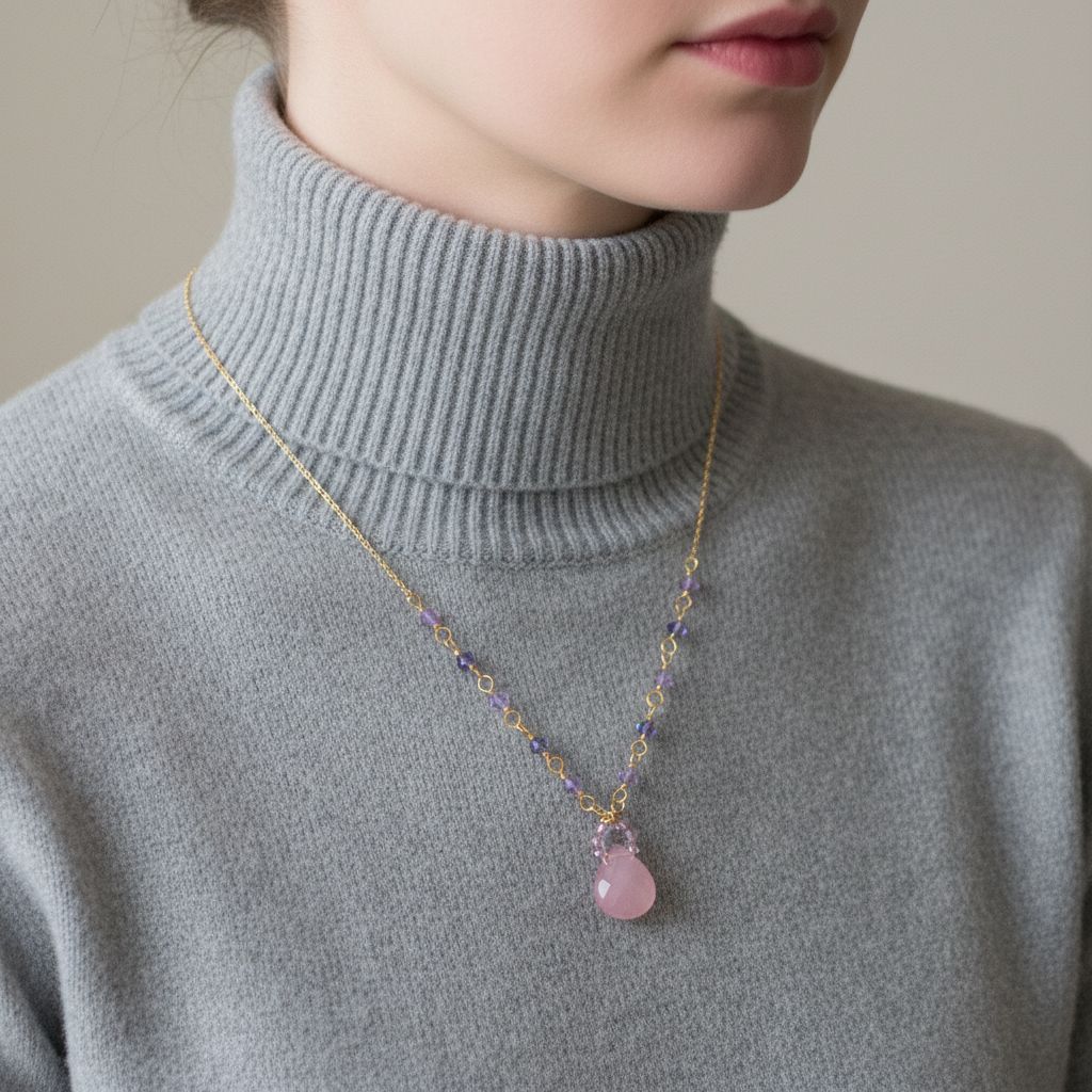 Purple Chalcedony Drop 14 KT Gold Filled Gemstone Necklace