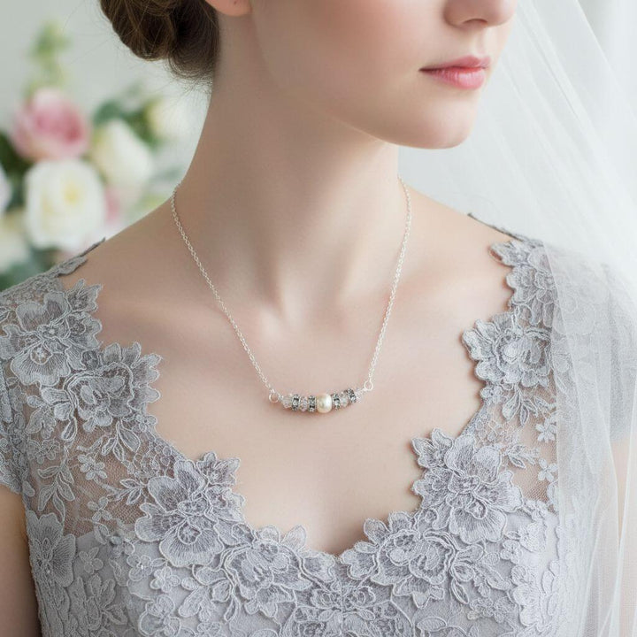 Silver Swarovski Crystal Pearl Bar Bridal Necklace