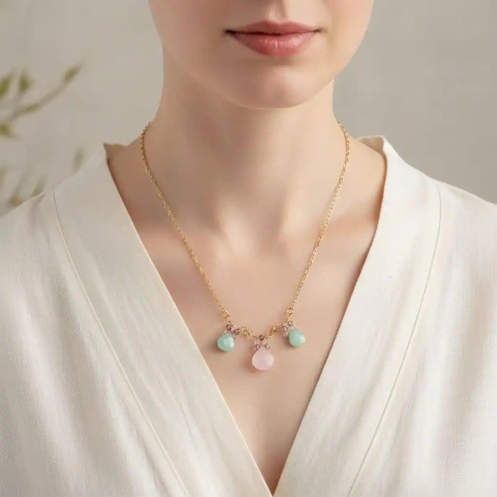 Gold Filled Light Pink and Mint Chalcedony Chain Necklace worn by a model with delicate features.