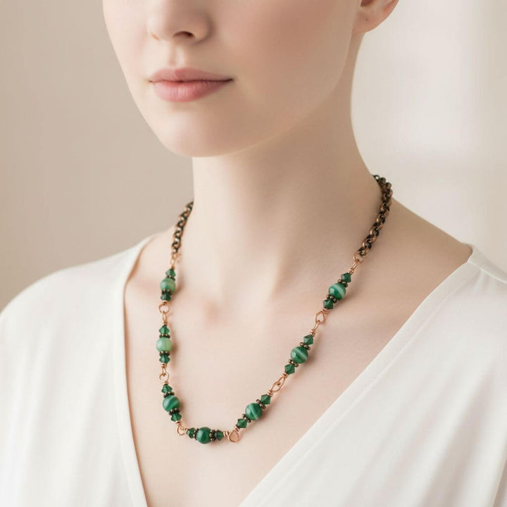 24 inches emerald agate wire wrapped necklace worn by model, featuring emerald agate gemstones and copper detailing.