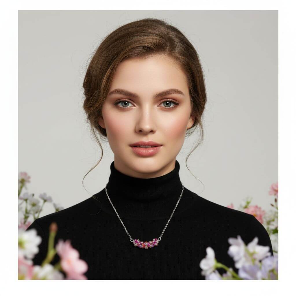 Silver Multi Color Spring Blossom Crystal Necklace