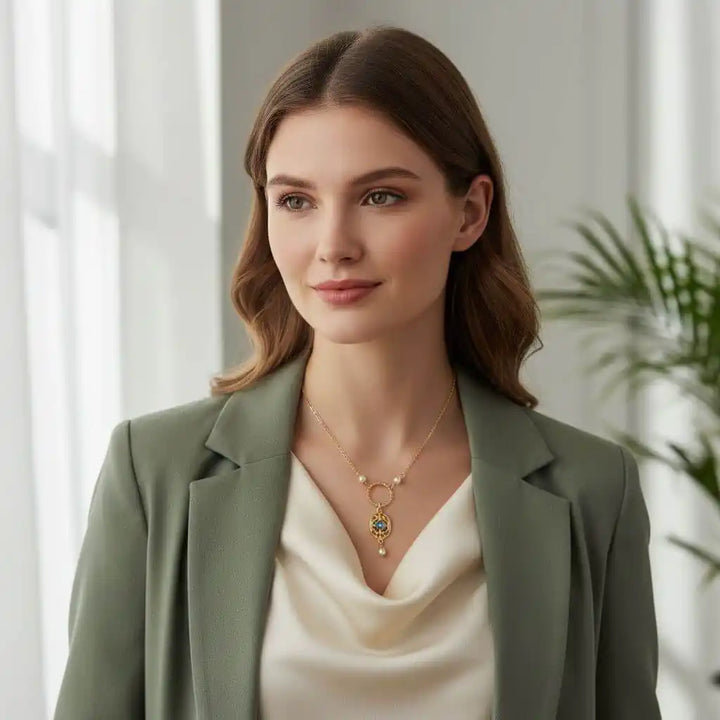 14 K Gold-Filled Hammered Open Circle Filigree Necklace displayed on a model wearing elegant attire.