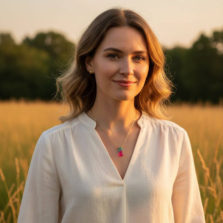 Pink Gemstone Drop and Turquoise Crystal 14 K Gold Filled Necklace