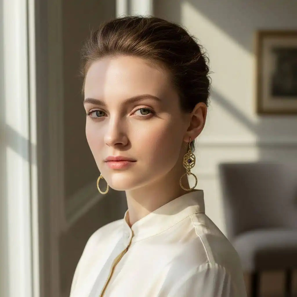 14 K Gold Filled Purple Crystal Circle Filigree Earrings worn by a model in elegant attire.