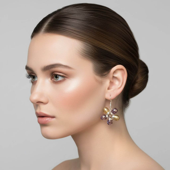 Purple and Yellow Flower Sterling Silver Earrings