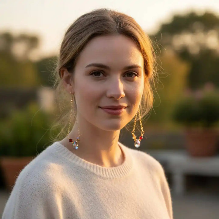 Mystic rainbow quartz drop gold filled earrings showcased on a model against a natural background.