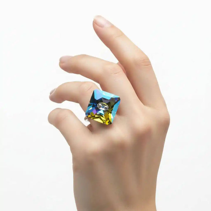 As Seen on Maisie William Super Sparkly Crystal Bling Ring worn on hand, featuring a colorful Swarovski crystal.