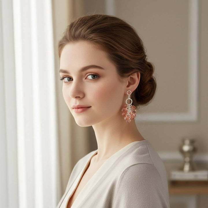 Rose Peach Crystal Sterling Silver Cluster Earrings