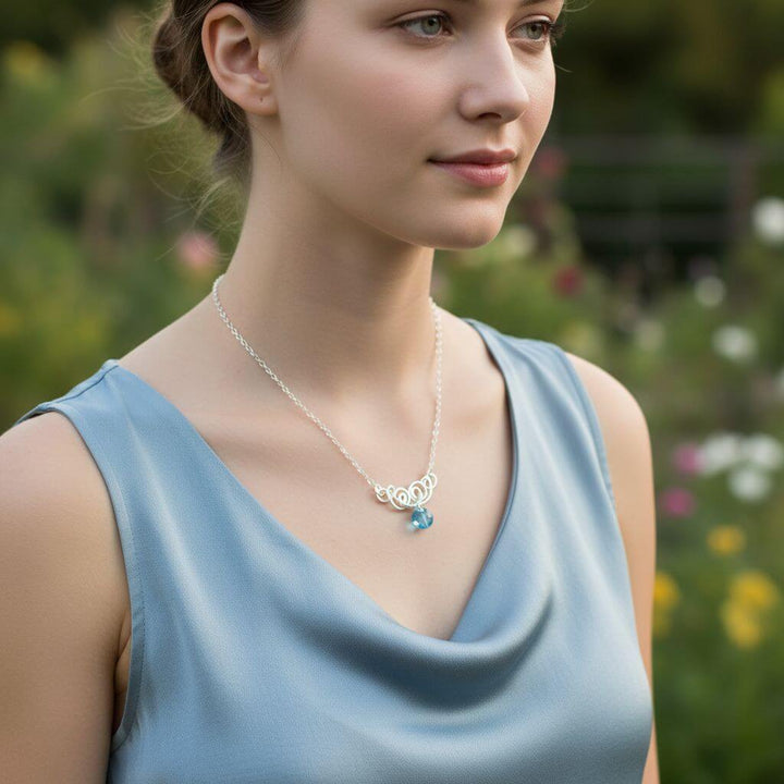 Silver Wire Sculpted Round Aqua Crystal Pendant Necklace