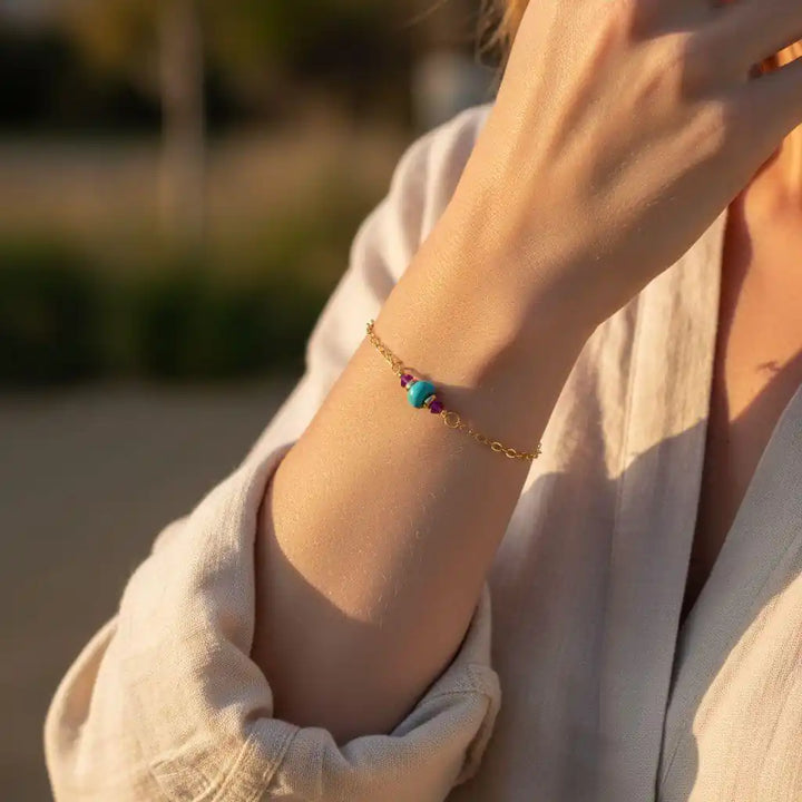 14K Gold Filled Pink and Turquoise Gemstone Dainty Bracelet worn on a woman&