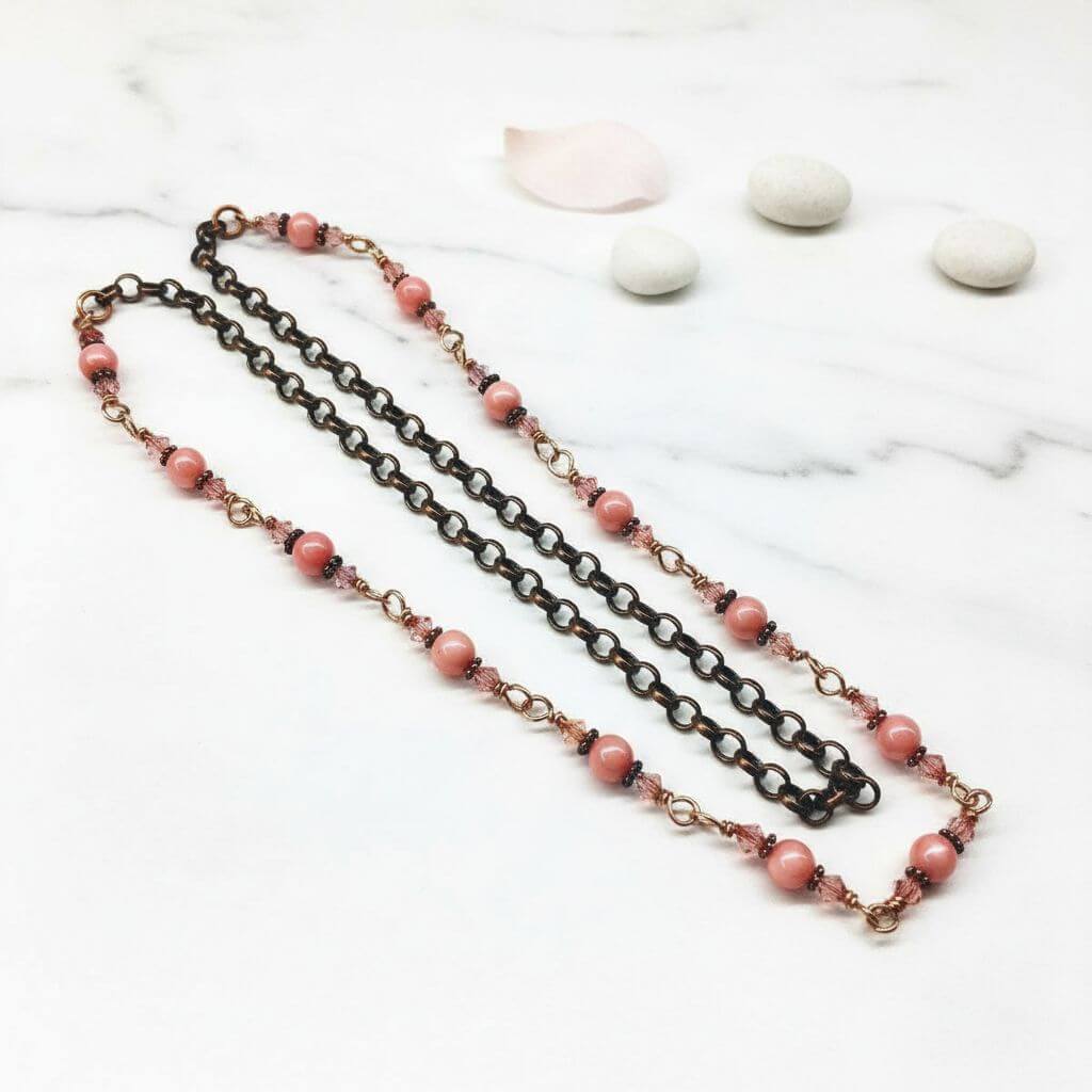 24-Inch Copper Peach Pearl Crystal Wire Wrapped Necklace
