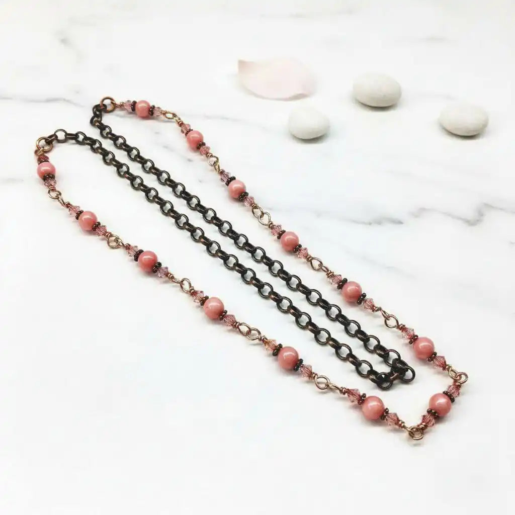 24-Inch Copper Peach Pearl Crystal Wire Wrapped Necklace featuring peach pearls and antique copper chain.