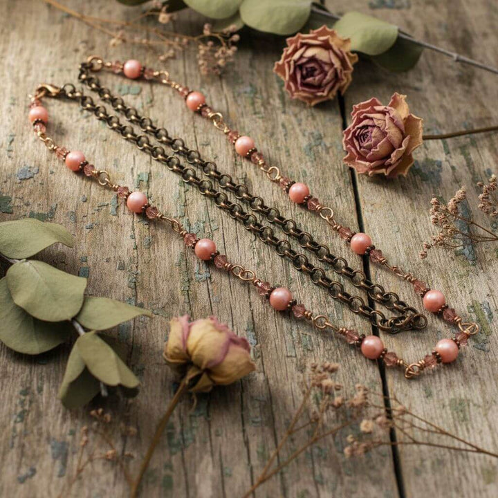 24-Inch Copper Peach Pearl Crystal Wire Wrapped Necklace