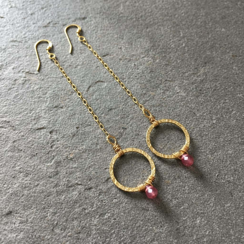 14 KT Gold Filled Wire Wrapped Pink Chalcedony Open Circle Earrings