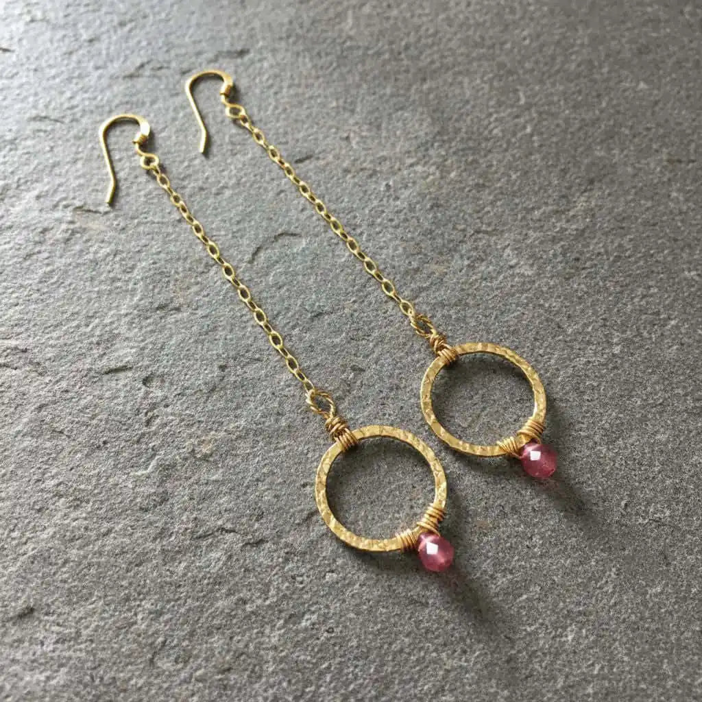 Gold Filled Wrapped Pink Chalcedony Open Circle Earrings showcasing a geometric design with vibrant pink gemstones.