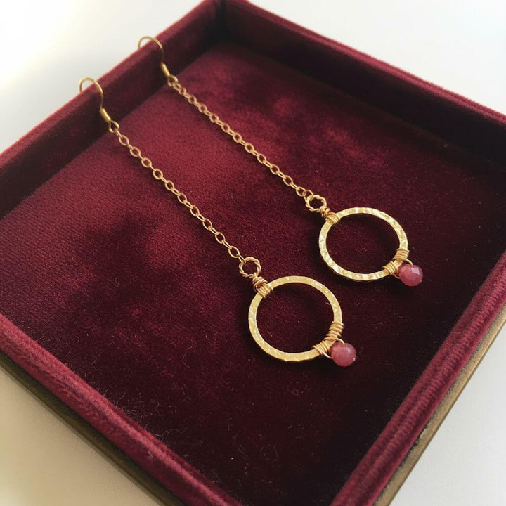 14 KT Gold Filled Wire Wrapped Pink Chalcedony Open Circle Earrings