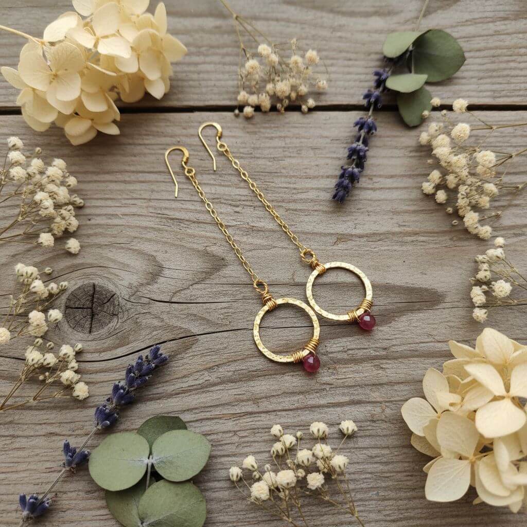 14 KT Gold Filled Wire Wrapped Pink Chalcedony Open Circle Earrings