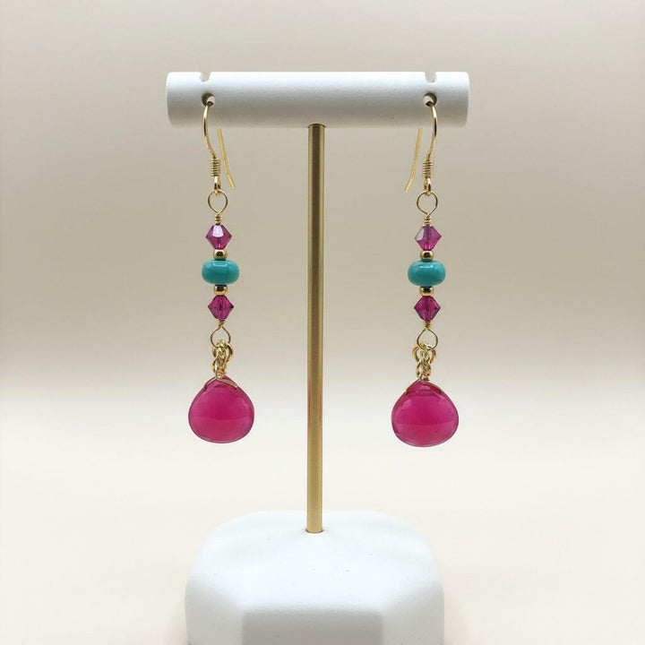 Gold Filled Wire Wrapped Pink Turquoise Gemstone Earrings featuring hot pink chalcedony and turquoise beads.
