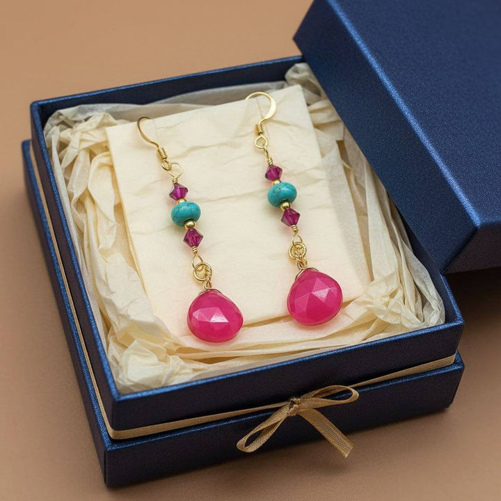 Gold Filled Wire Wrapped Pink Turquoise Gemstone Earrings in a gift box with turquoise and pink accents.