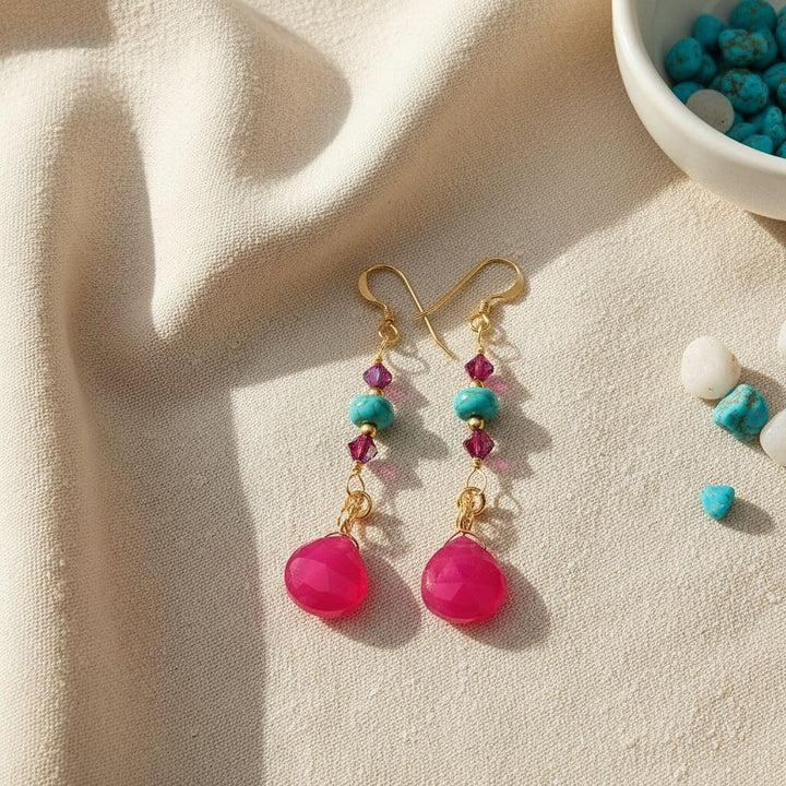 Gold Filled Wire Wrapped Pink Turquoise Gemstone Earrings featuring hot pink chalcedony and turquoise heishi beads.