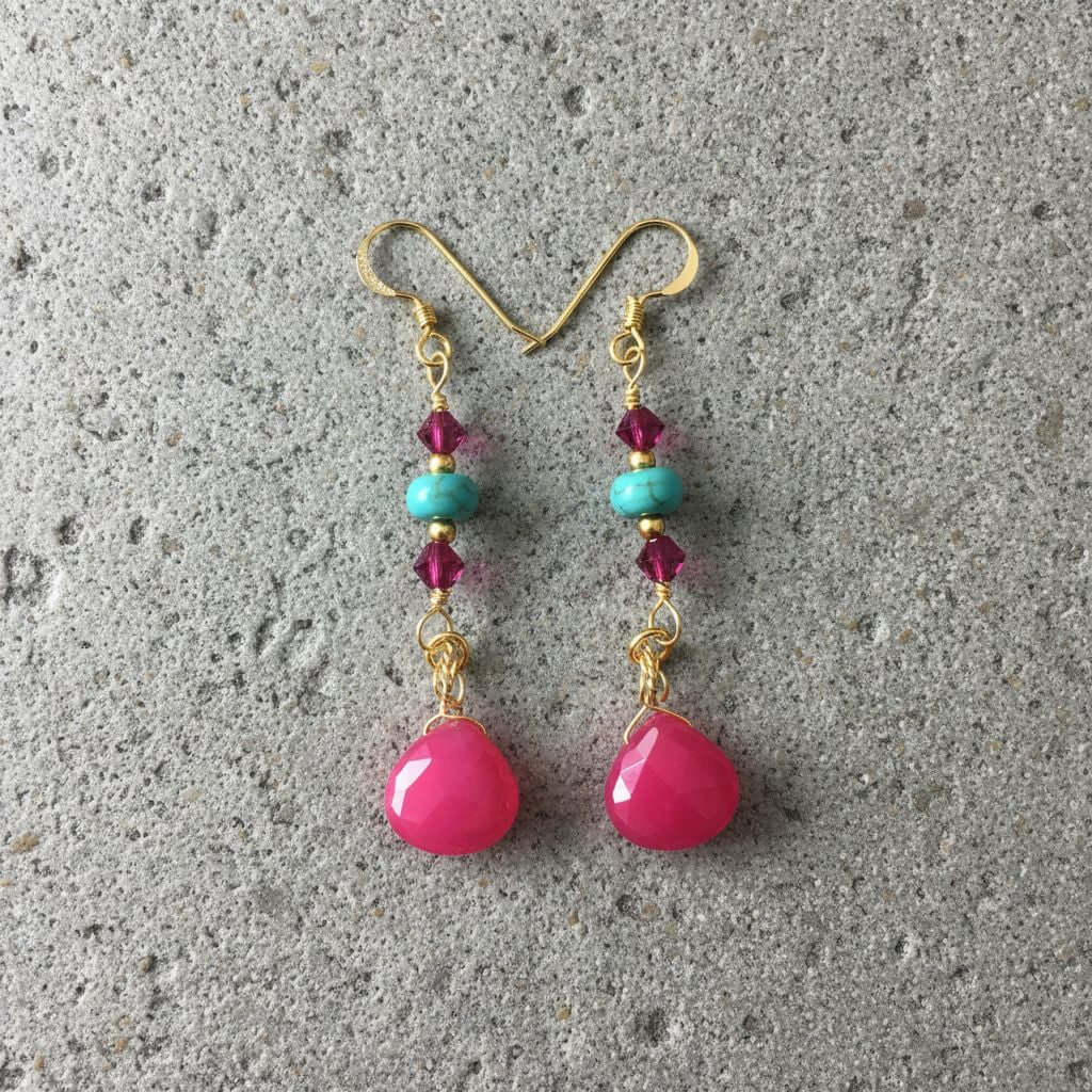 Gold Filled Wire Wrapped Pink Turquoise Gemstone Earrings featuring hot pink chalcedony and turquoise heishi beads.