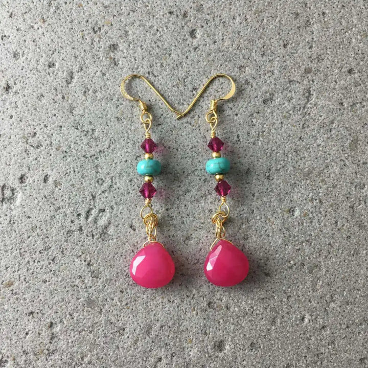 Gold Filled Wire Wrapped Pink Turquoise Gemstone Earrings featuring hot pink chalcedony and turquoise heishi beads.
