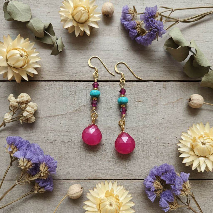 Gold Filled Wire Wrapped Pink Turquoise Gemstone Earrings with pink chalcedony and turquoise heishi beads.