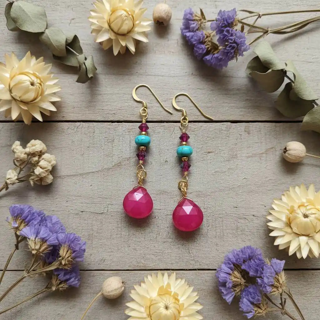 Gold Filled Wire Wrapped Pink Turquoise Gemstone Earrings with pink chalcedony and turquoise heishi beads.